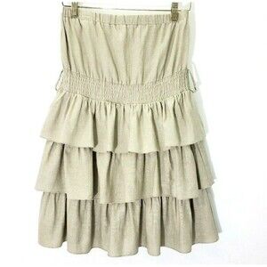 Poetry Linen Blend Strapless Tiered Dress Womens Size M Ruffle Layered Khaki Tan